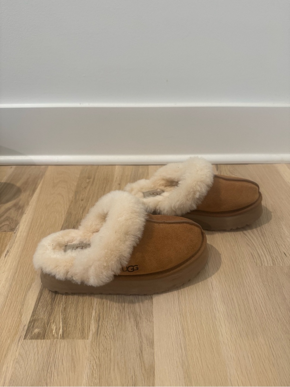UGG Chestnut Fur-Trim Slip-On Platform Clogs for Women- Size 6